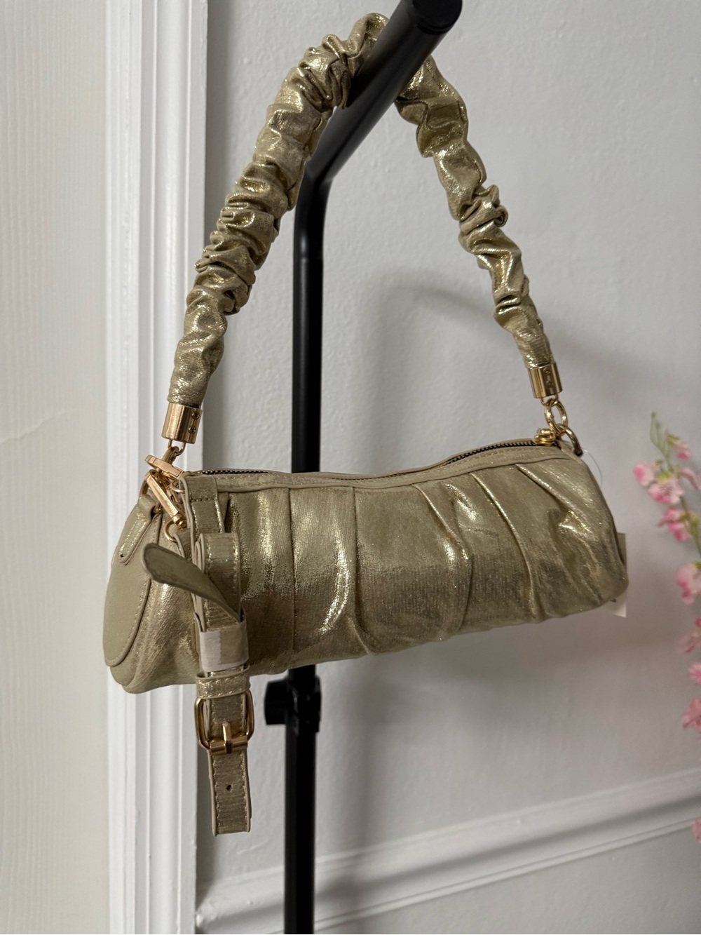 Gold Metallic Ruched Shoulder Bag - Picture 1 of 5